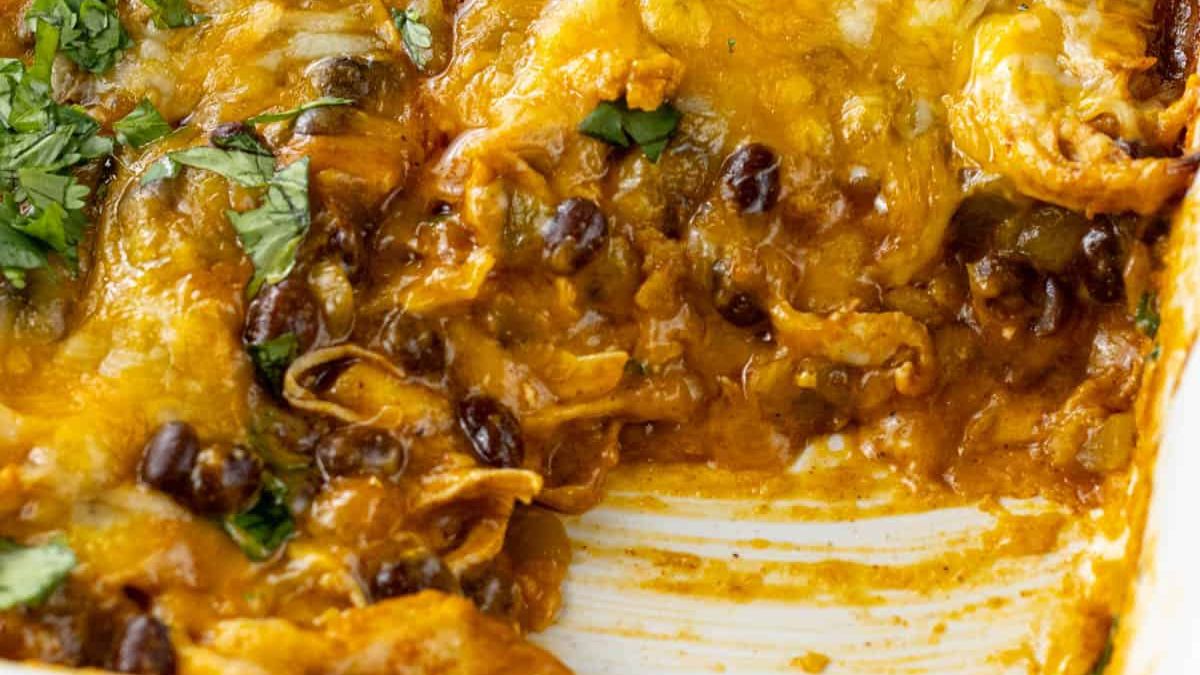 Layered Chicken Enchilada Casserole.
