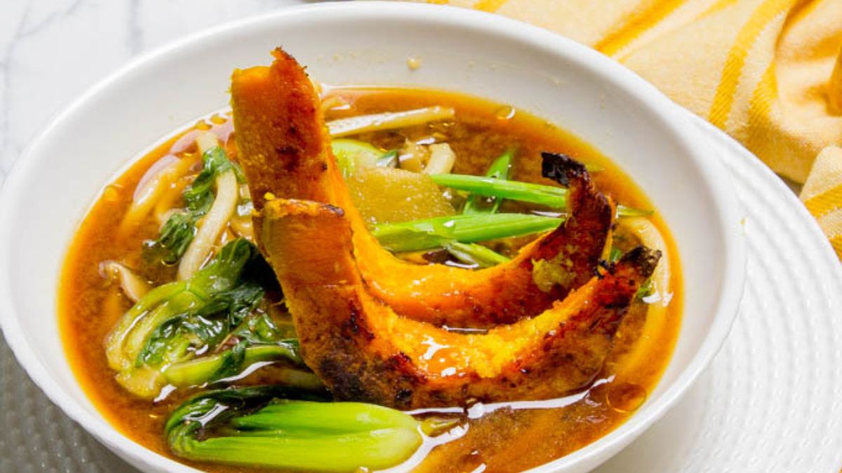 Shiitake Mushroom Miso Broth With Udon And Ginger Squash.