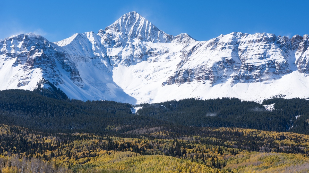 Wilson Peak with an elevation of 14,017 feet is located in Uncompahgre National Forest and the San Juan National Forest, Colorado.