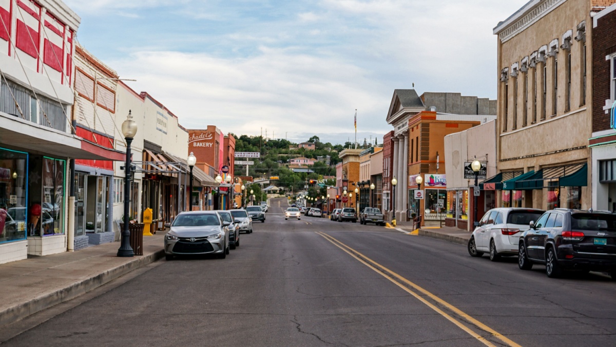 Silver City, New Mexico USA - July 29, 2019: Bullard Street in downtown Silver City, looking south, a southwestern mining town with shops, stores and restaurants.