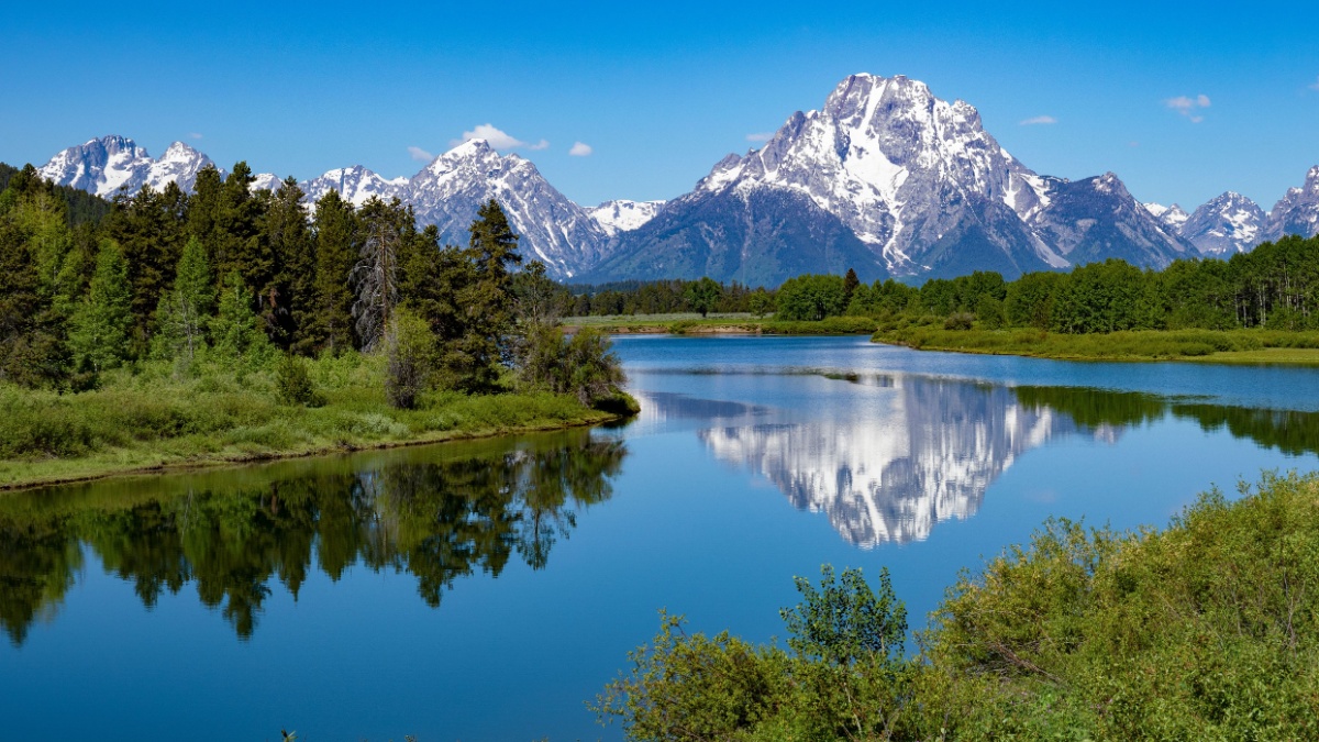 View of Mount Moran in Grand Teton National Park from oxbow bend.