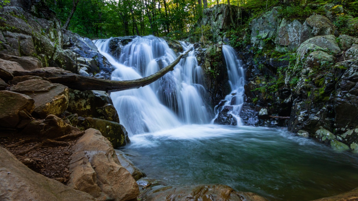 Flowing Water of the Rose River Waterfall in Shenandoah National Park (Long-Time Exposure).