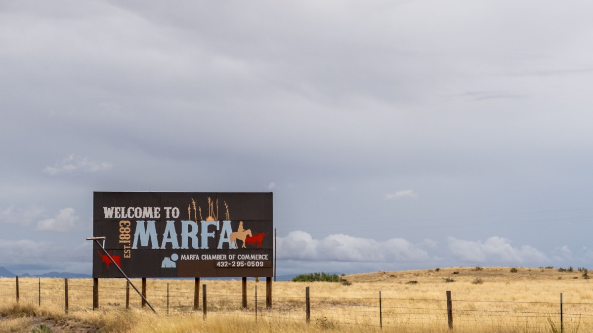 Marfa, TX - Oct 13, 2021: Welcome to Marfa Est. 1883 sign on the side of the road on US 90.