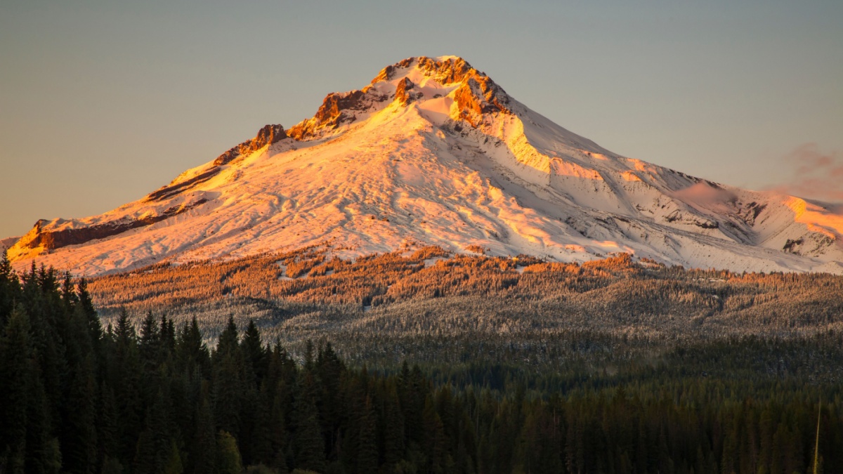 Mount Hood reflecting in Trillium Lake at sunset, National Forest, Oregon  USA.