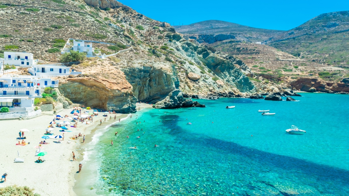 Folegandros, Greece, 12 June 2022: The amazing Agali beach.