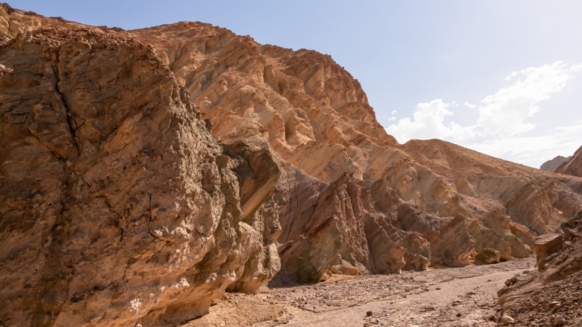 Golden Canyon trailhead with scenic view of colorful geology of multi hued Amargosa Chaos rock formations, Death Valley National Park, Furnace Creek, California, USA. Barren Artist Palette landscape.