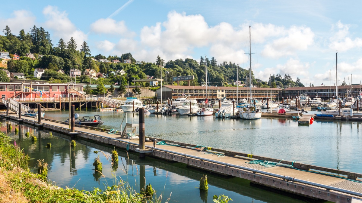 Astoria, Oregon, USA - July 17th, 2021: Boat pier near the Riverwalk Inn.