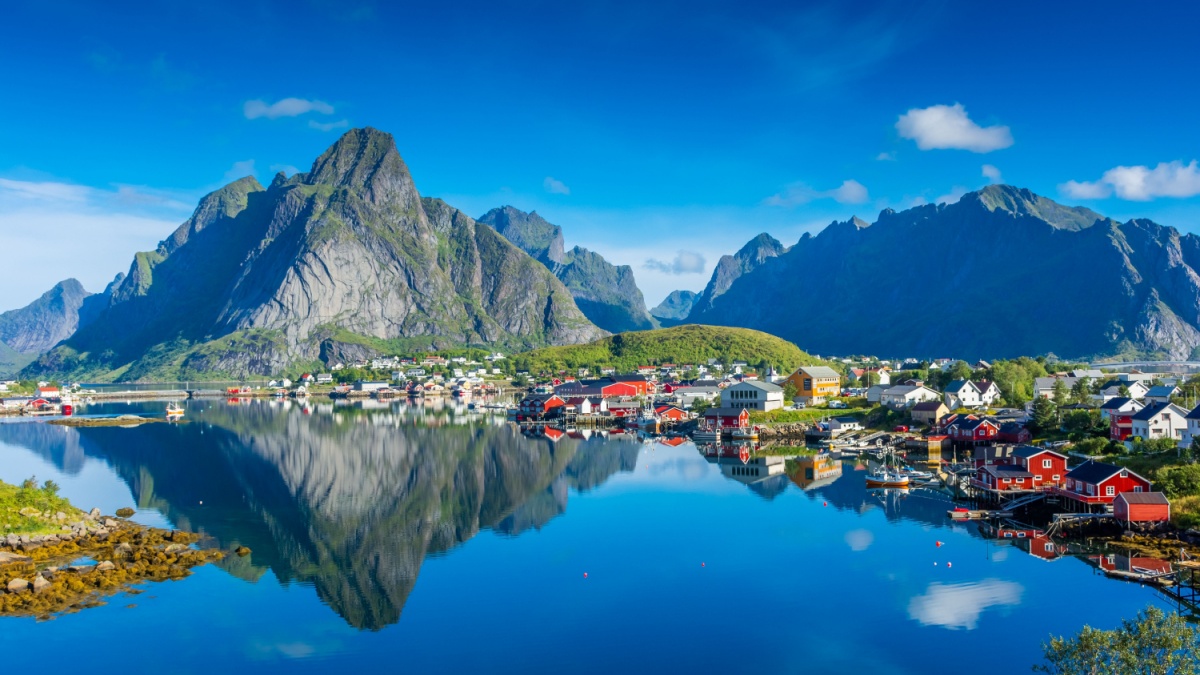 Perfect reflection of the Reine village on the water of the fjord in the Lofoten Islands, Norway.
