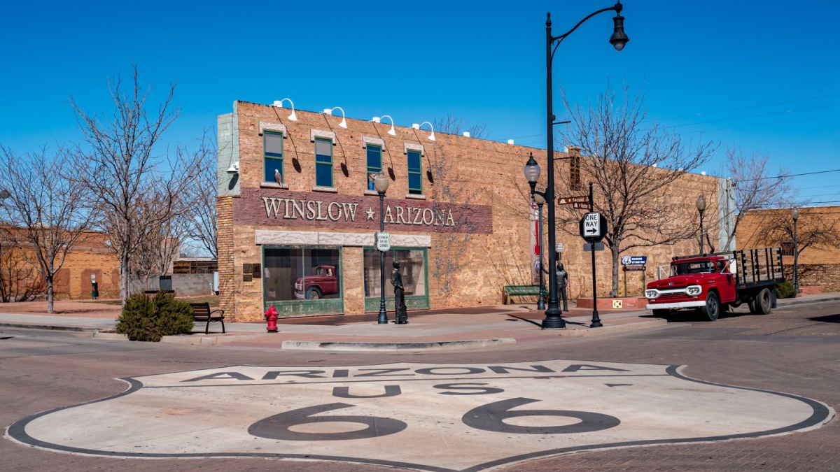 Winslow, Arizona USA - February 26, 2020: Standin' on the Corner Park. Tribute to the Eagles and their song, Take it Easy written by Jackson Browne and Glenn Frey.