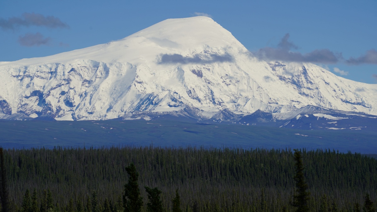 A scenic view of Mount Sanford in the Wrangell Volcanic Field, in eastern Alaska.