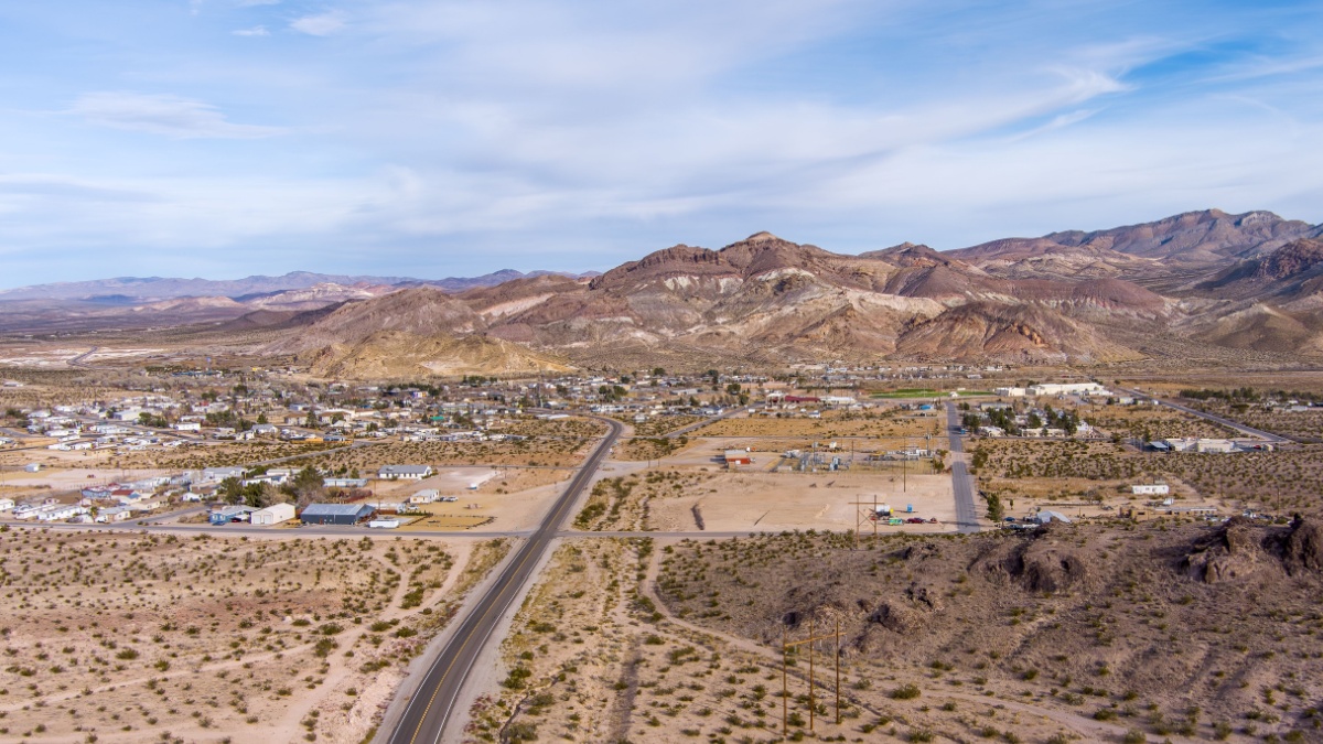 Aerial view of Beatty Nevada a former mining town just outside of Death Valley near Las Vegas Nevada.