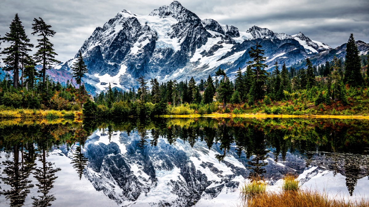 Mount Baker in Washington State starkly reflected in the aptly named Mirror Lake..