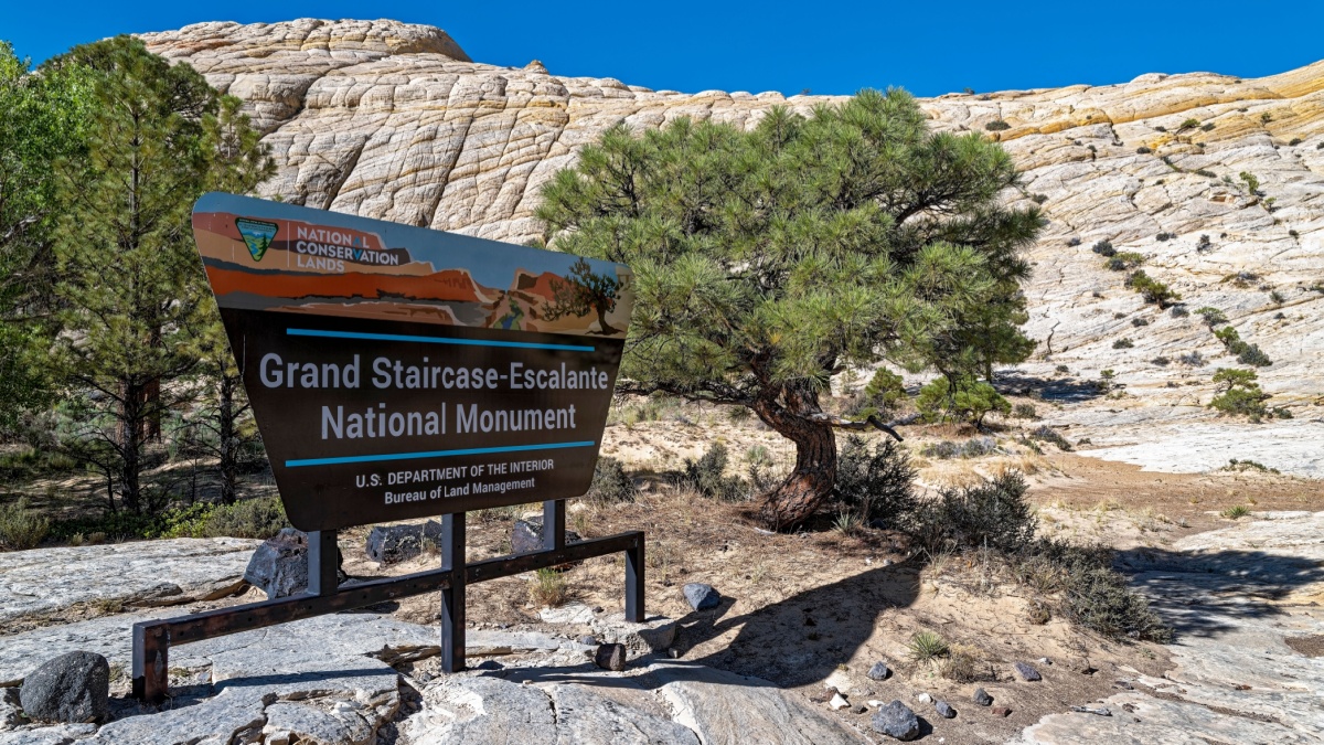 Boulder, Utah, USA - June 14, 2022: A sign marks the entrance to the Grand Staircase-Escalante National Monument.