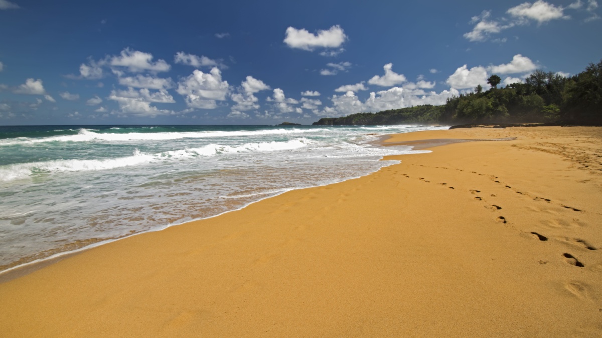 Secret Beach or Kauapea Beach, north shore, Kauai, Hawaii.
Looking towards Kilauea Lighthouse.