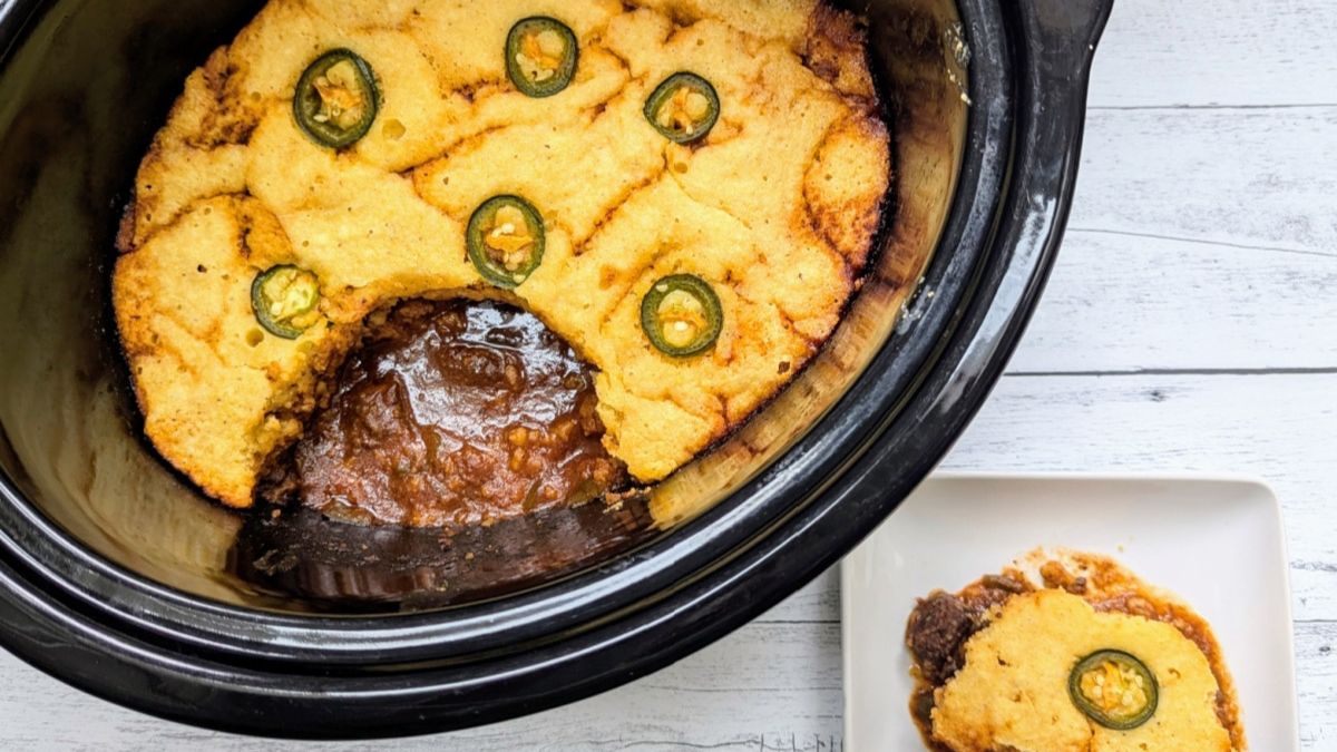 Slow Cooker BBQ Beef Cornbread Casserole.
