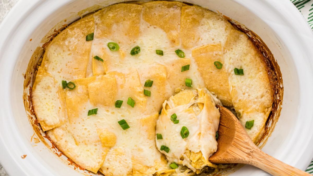 Slow Cooker Sour Cream Chicken Enchilada Casserole.