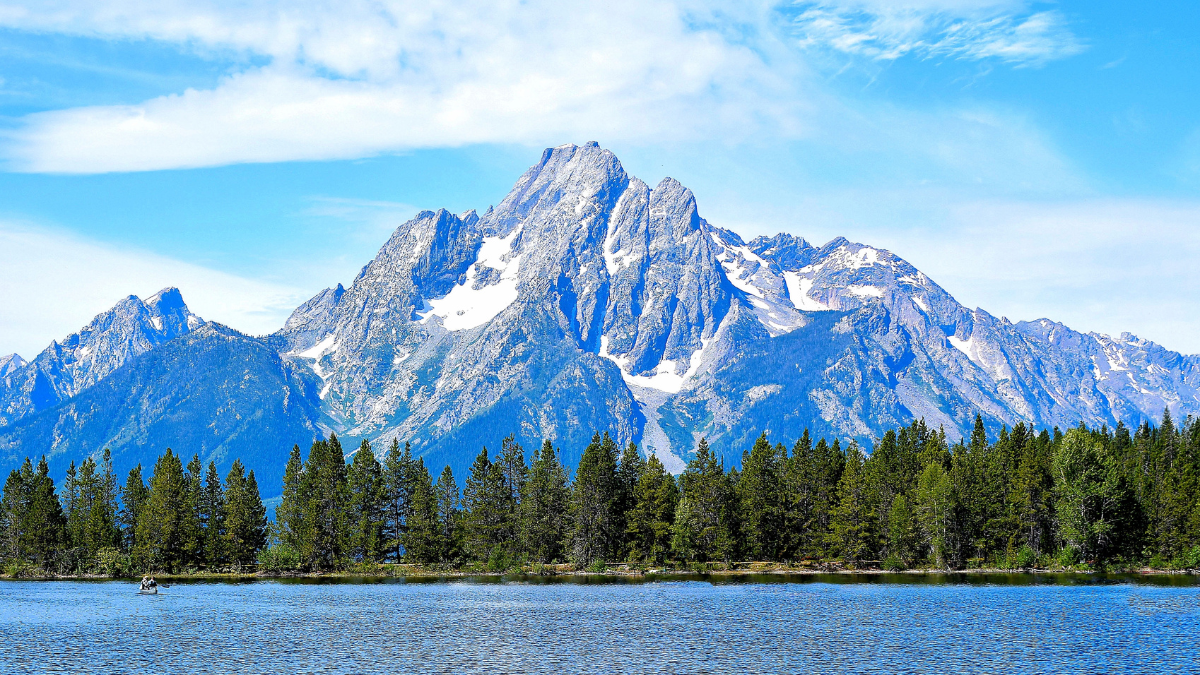 Lakeside view of the mountains in Grand Teton National Park near Jackson Hole, Wyoming.