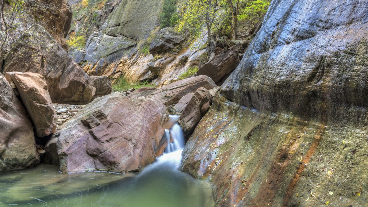 A small falls and a green pool in Orderville Canyon just upstream from the Virgin Narrows slot canyon in Zion National Park, Utah.