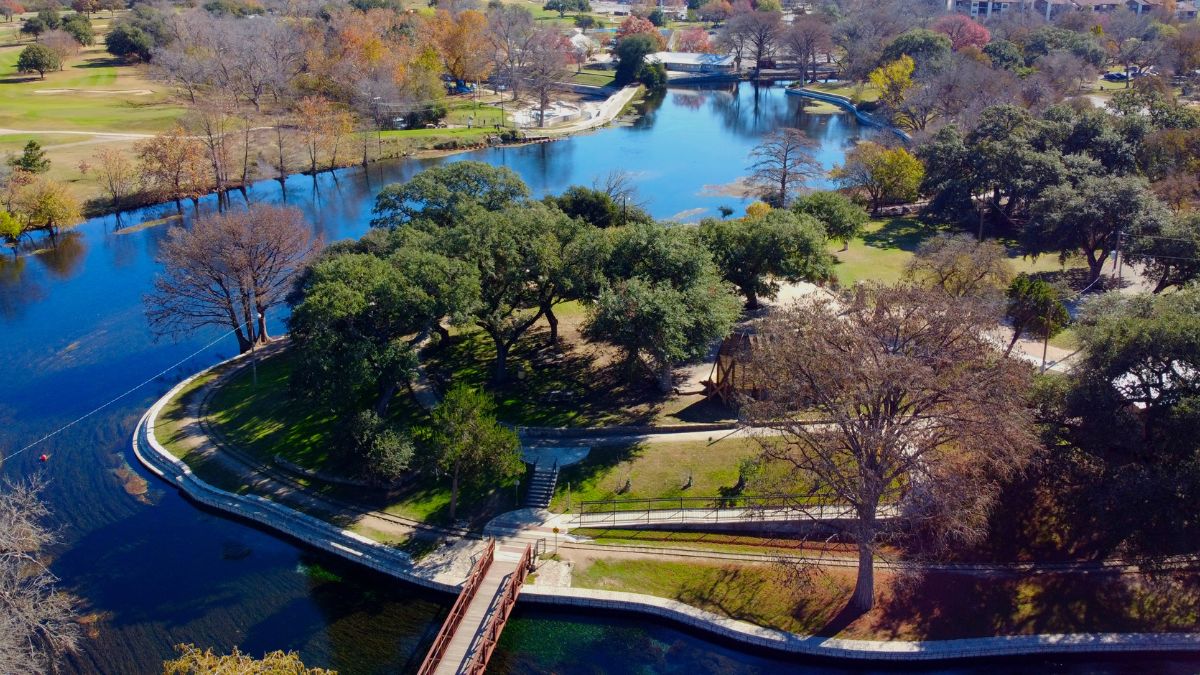 Aerial River of Comal River at Landa Park.