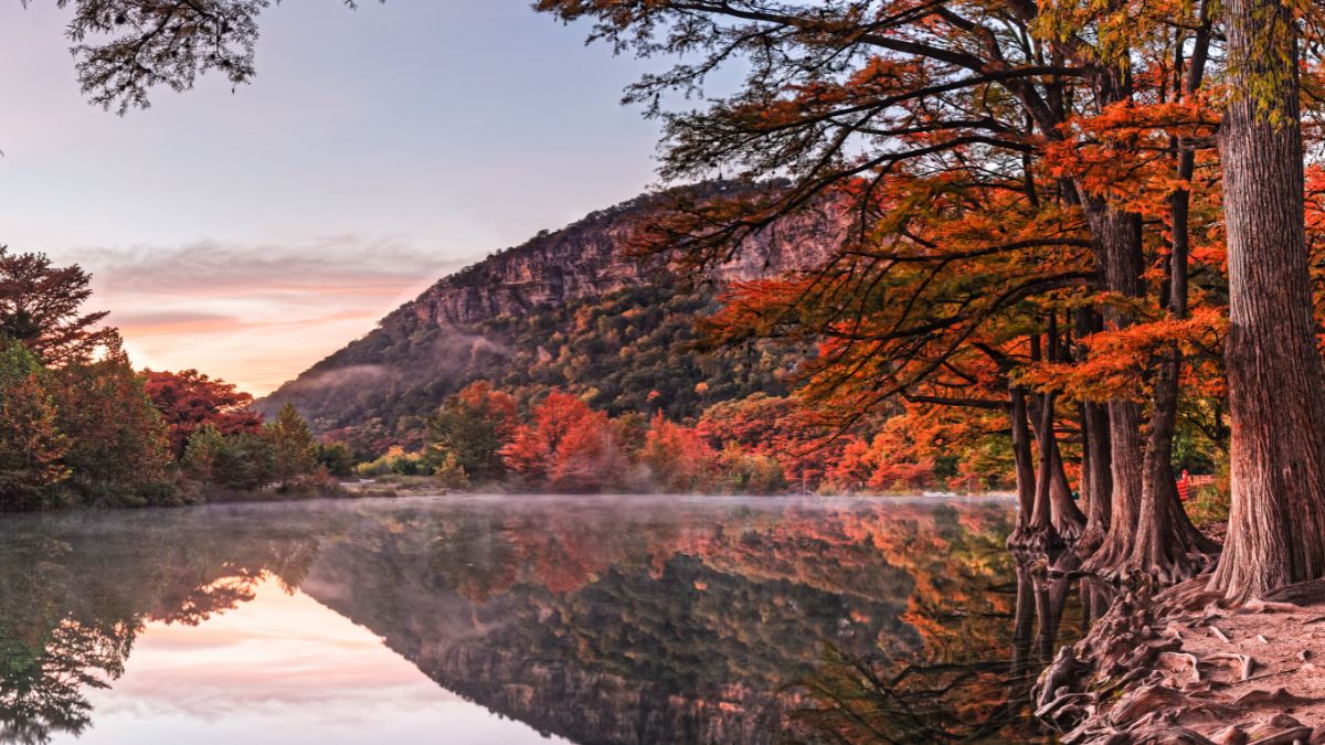 Colorful Fall Sunrise Over Frio River and Old Baldy - Garner State Park Concan Texas Hill Country.