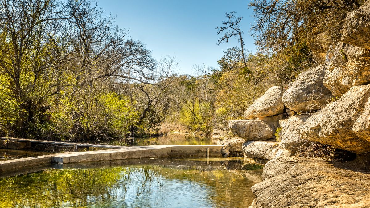 Jacob"s well is a perennial karstic spring in the Texas Hill country.