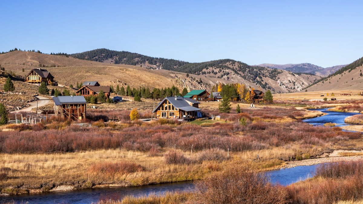 New buildings in Stanley, Idaho. Galena Summit autumn landscape.