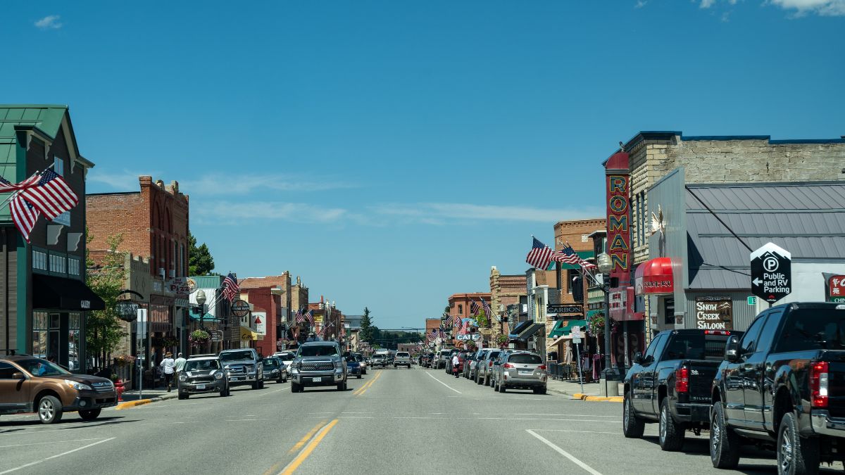 Red Lodge, Montana - July 2, 2020: Downtown streets of the small tourist town of Red Lodge, just outside of the Beartooth Highway.