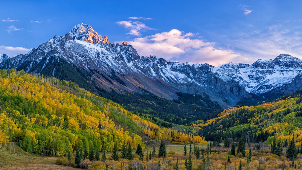The last light of the setting sun hits the crags atop Mount Sneffels, with a mostly golden grove of quaking aspens below, in the San Juan Mountains near Ridgway, Colorado.