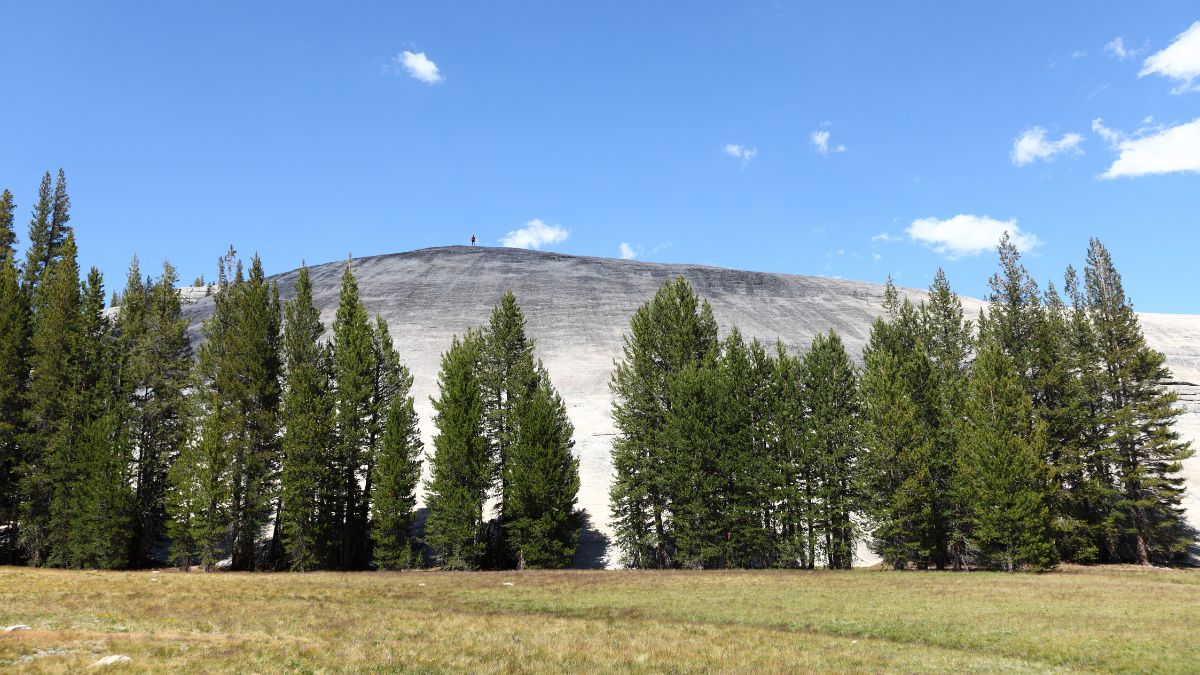 Yosemite National Park, the Pothole Dome with man hiking on top for scale. Beautiful summer day in Yosemite, California, USA.