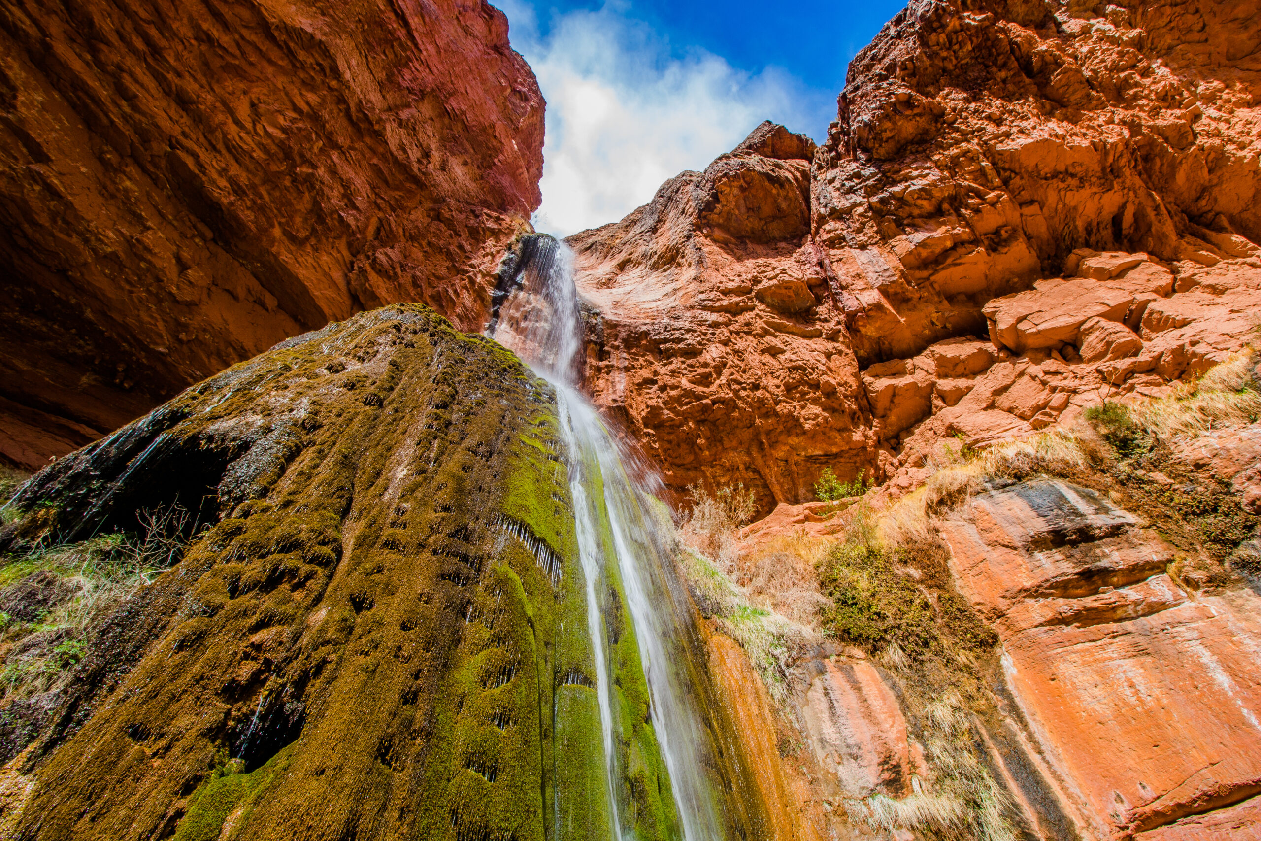 Ribbon Falls is about 140 ft high, and the flow of water has created a giant travertine spire below the falls, which collects at two small pools.
