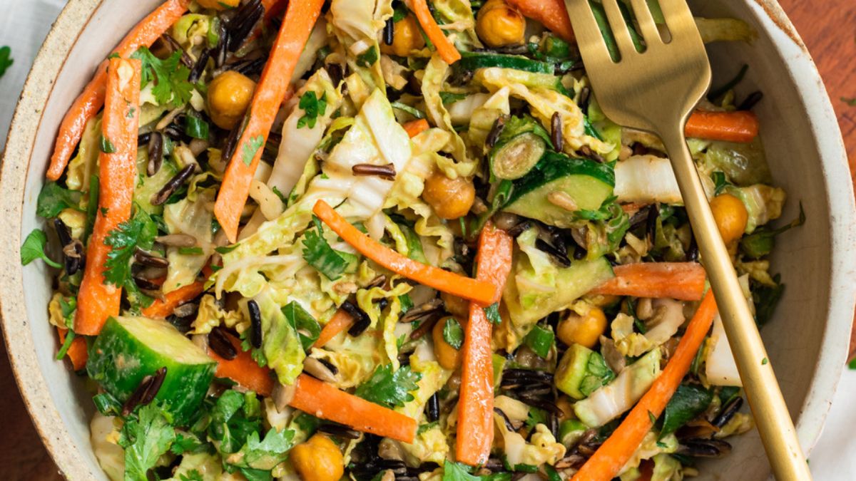 Asian Chickpea Cabbage Salad with Spicy Cashew Dressing.