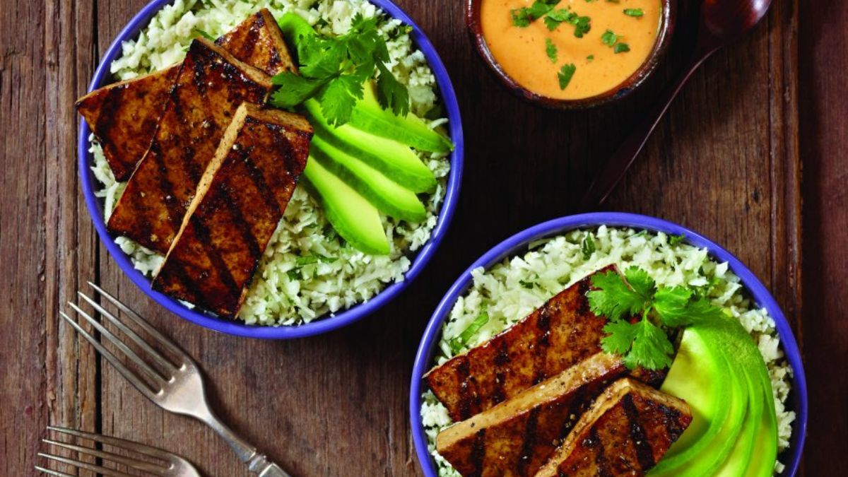 Balsamic Grilled Tofu Recipe with Cauliflower Cilantro Rice and Avocado.