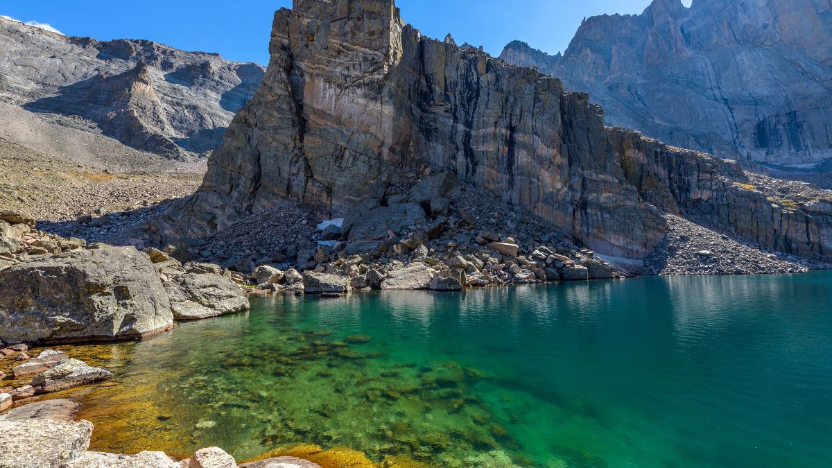 Chasm Lake - A summer afternoon view of Chasm Lake at base of Longs peak, Rocky Mountain National Park, Colorado, USA.