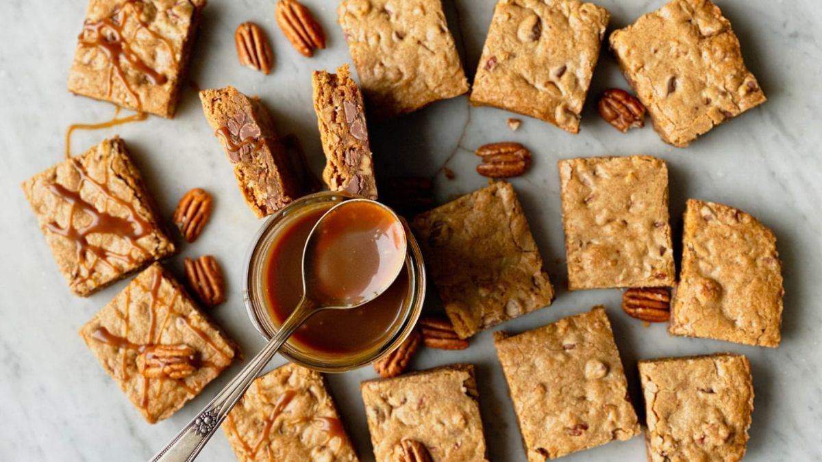 Chocolate Chip Bourbon Pecan Brown Butter Blondies.