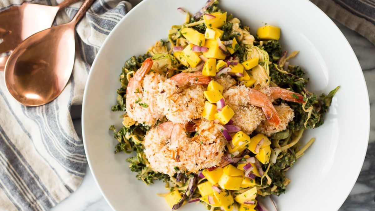 Coconut Shrimp Salad with Peanut Dressing and Mango Salsa.