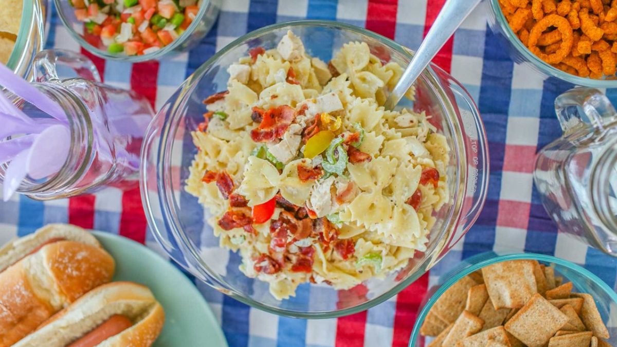 Creamy Chicken and Bacon Bowtie Pasta Salad Recipe - Perfect for Barbecues and Potlucks!.