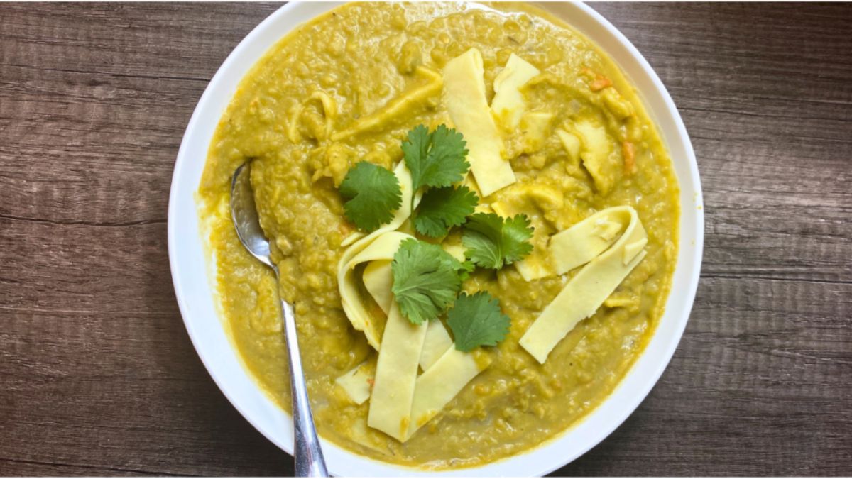 Creamy Crockpot Split Pea Noodle Soup.