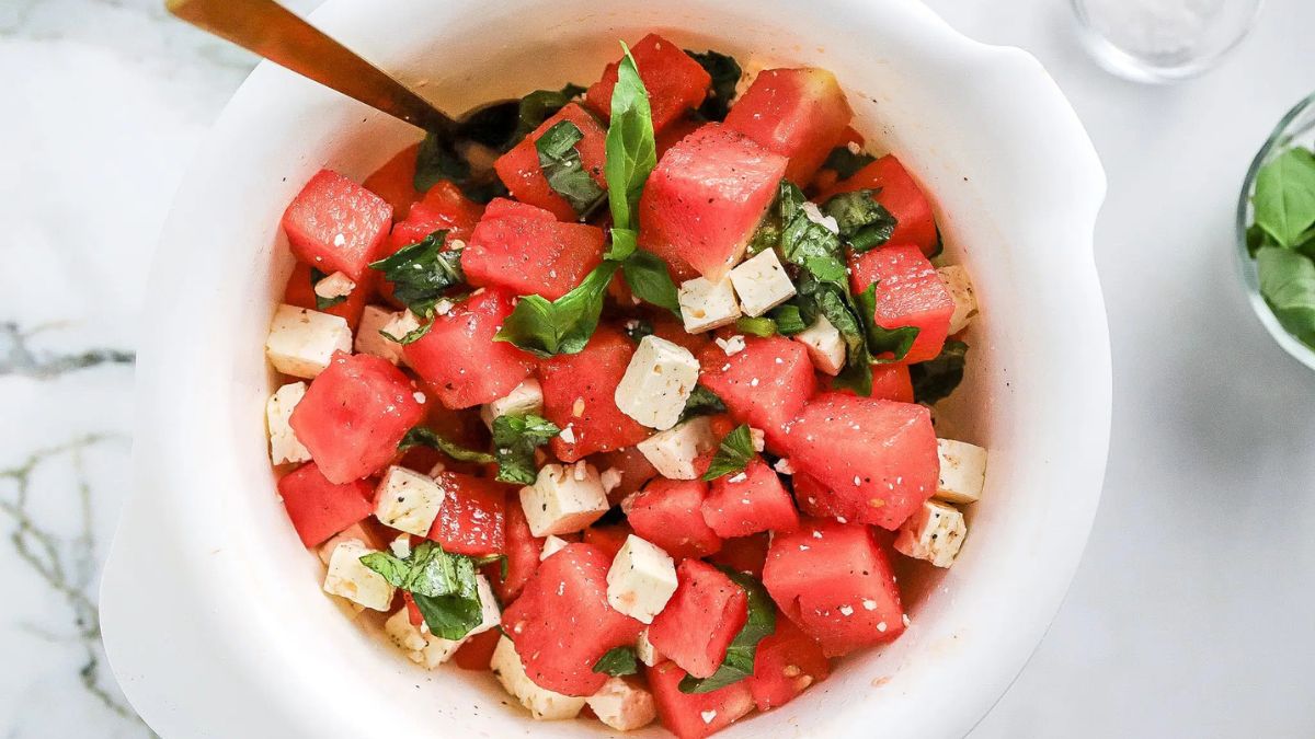 Easy Watermelon Feta Basil Salad Recipe.
