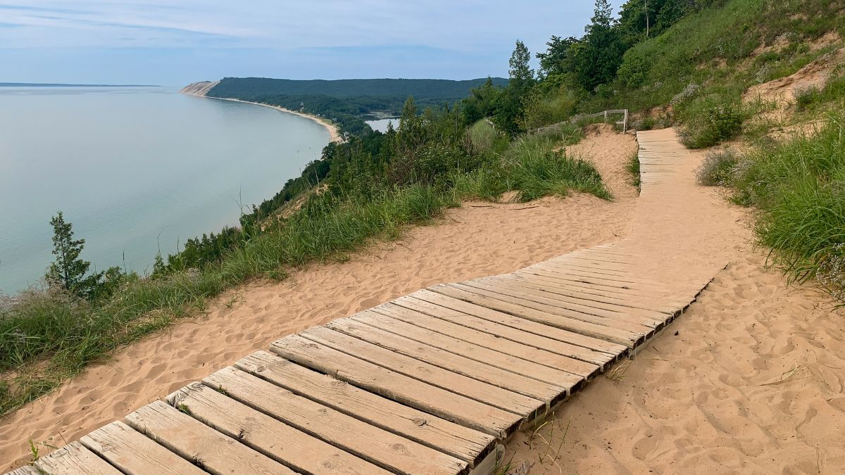 Empire Bluff overlook hiking trail boardwalk Sleeping Bear Dunes National Lakeshore Michigan USA.