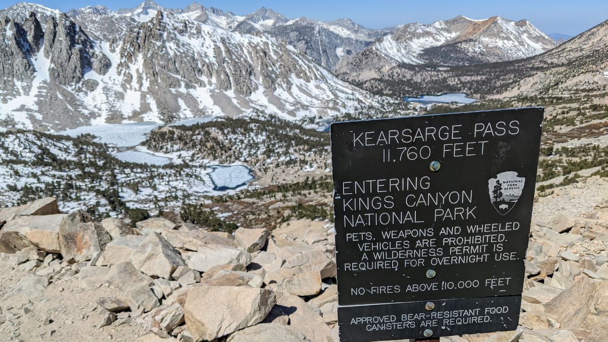 Fresno County, California - May 12, 2021: The Kearsarge Pass signpost in Kings Canyon National Park.