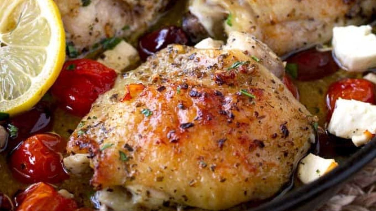 Greek Lemon Oven Roasted Chicken Thighs.