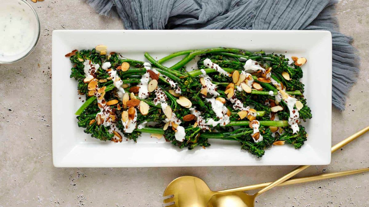 Grilled Broccolini with Lemon Herb Yogurt Sauce.
