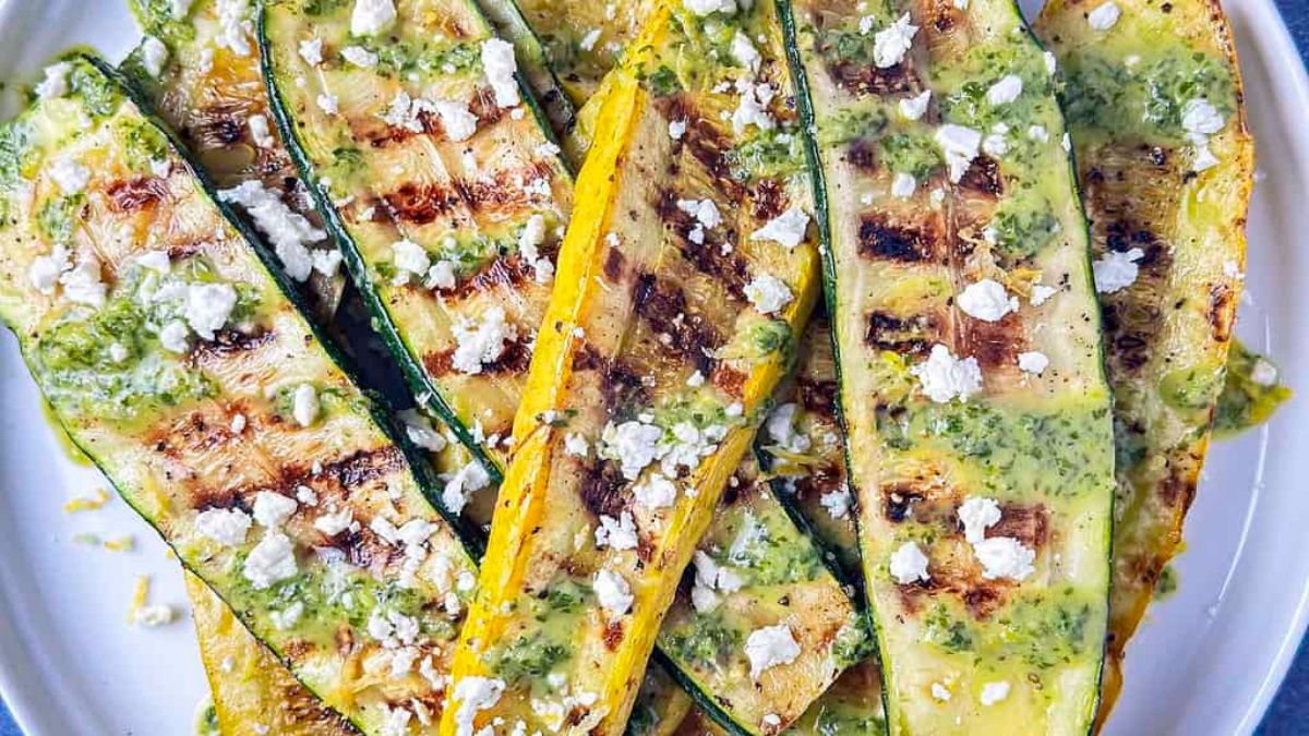 Grilled Summer Squash and Zucchini with Lemon Basil Drizzle.