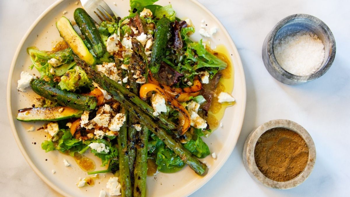 Grilled Vegetable Salad With Roasted Garlic Vinaigrette & Feta.