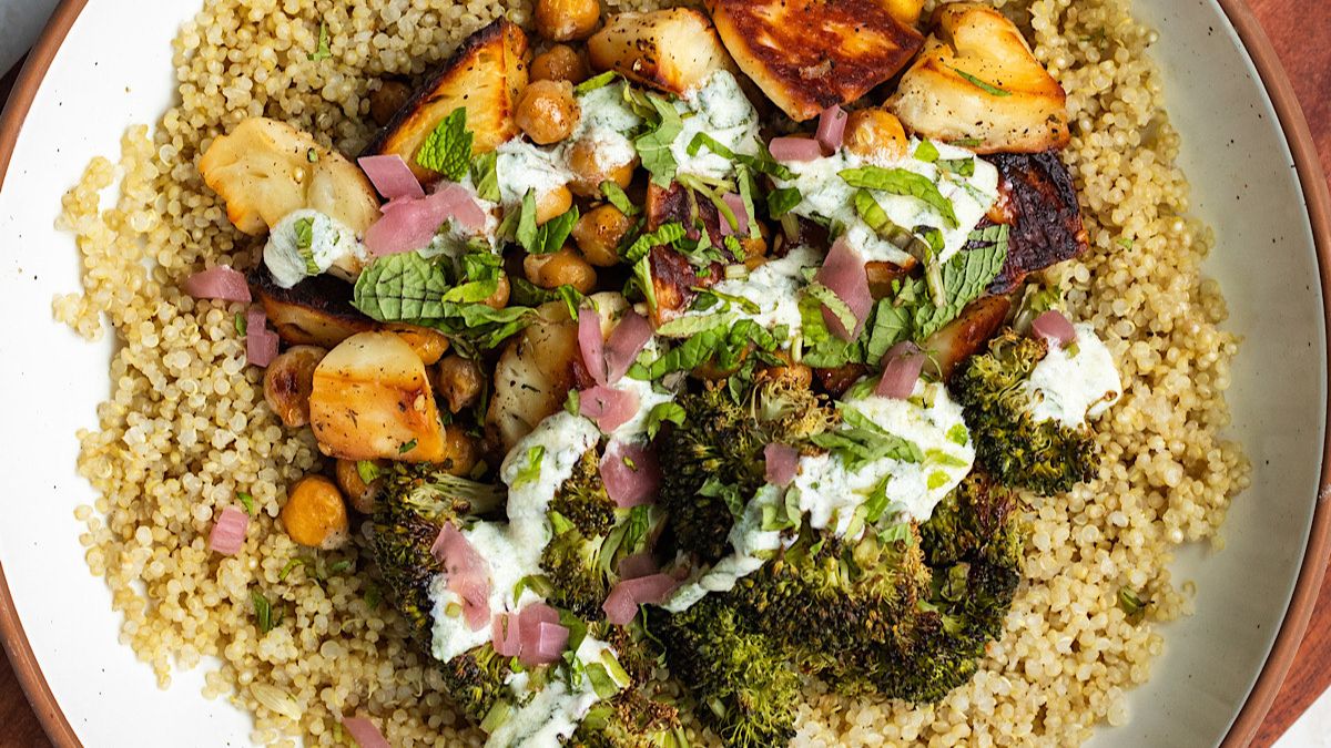 Hot Honey Chickpea and Halloumi Bowl.