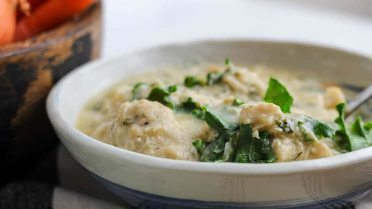 Instant Pot Chicken and Pancake Mix Dumplings with Winter Greens.