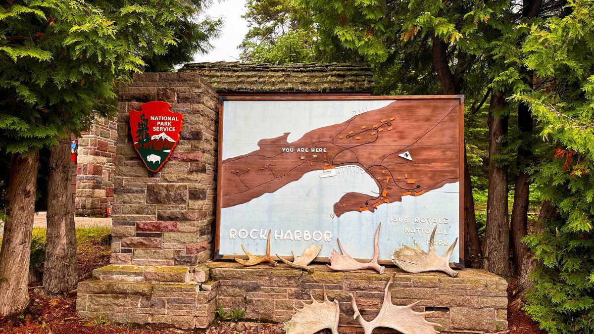 Isle Royale, Michigan - July 13, 2023: Isle Royale National Park Entrance Sign.