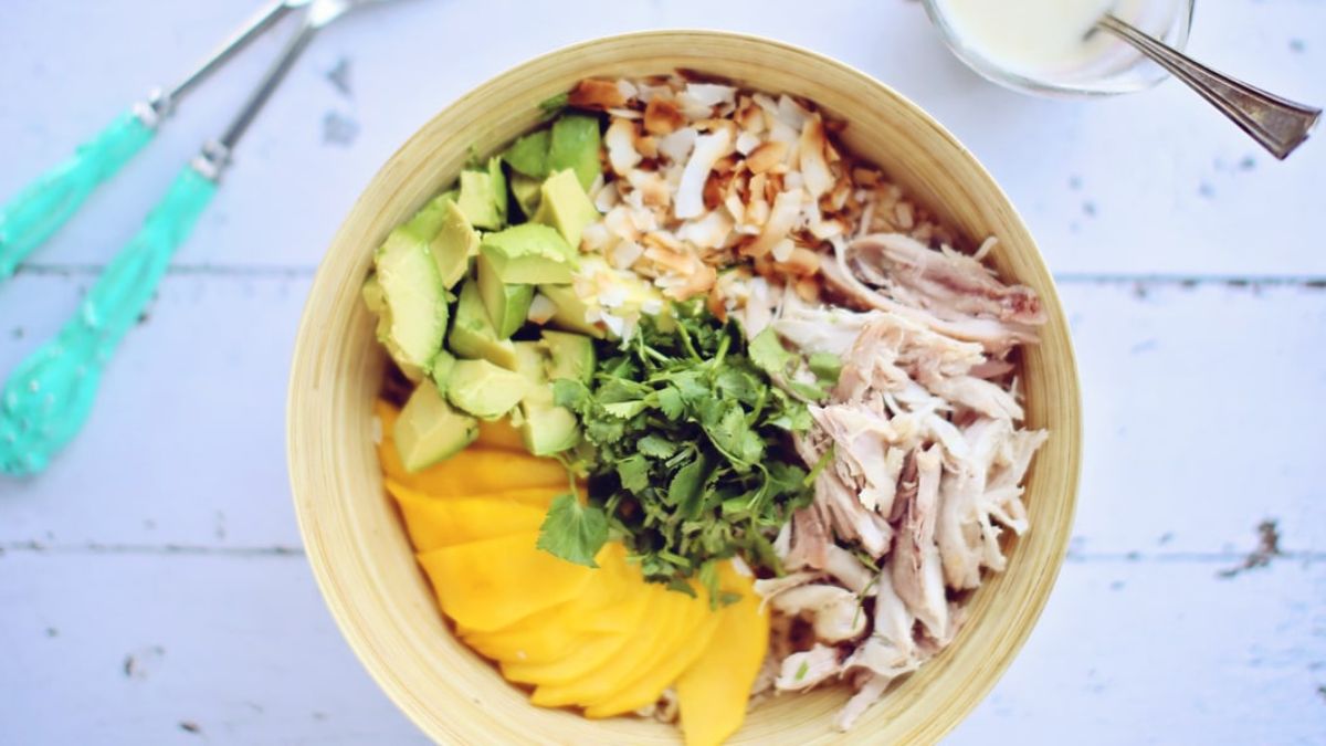 Mango, Chicken & Brown Rice Salad with Coconut-Ginger Dressing.