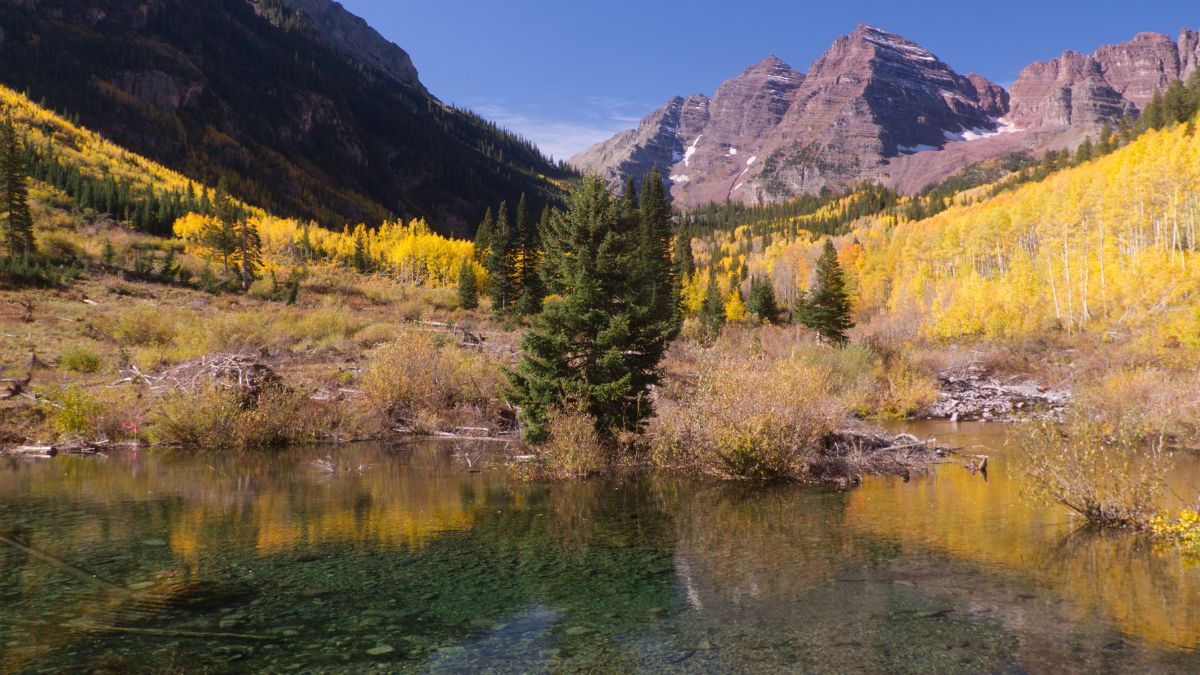 Maroon Bells from between Maroon Lake and Crater Lake.