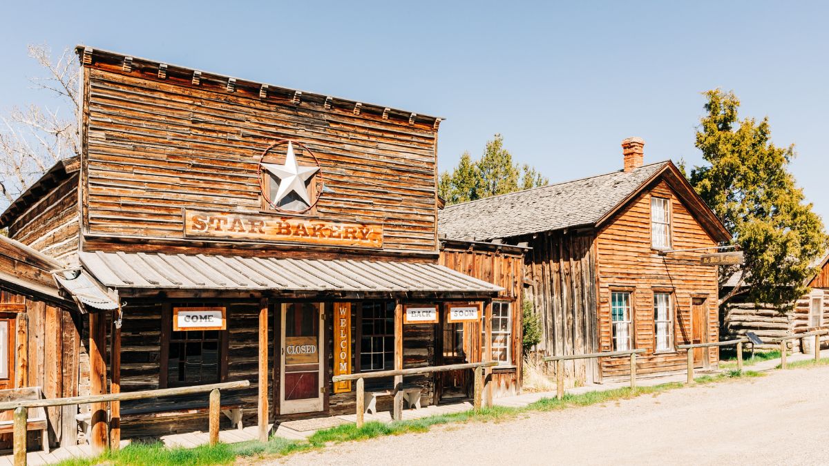 NEVADA CITY, MONTANA - MARCH 29, 2024: The Star Bakery and other wood building in Nevada City, MT.